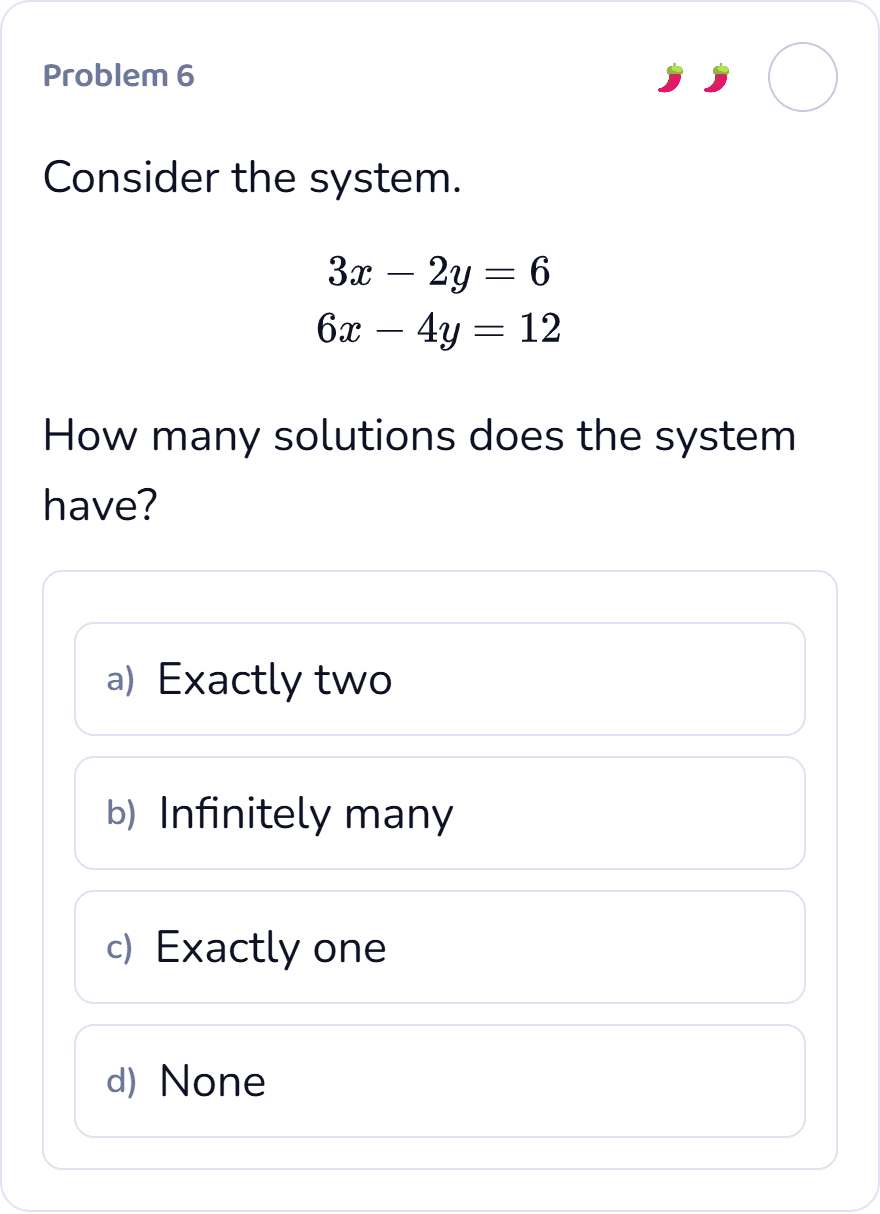 A Matrix Algebra question asking how many solutions a system has, with four answer choices.