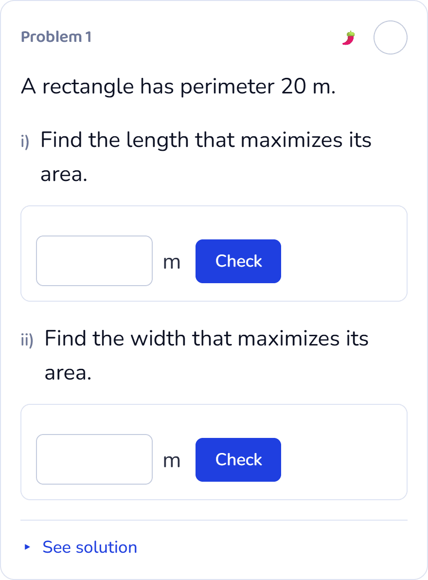 A Calculus optimization problem with separate answer boxes for a rectangle's length and width.